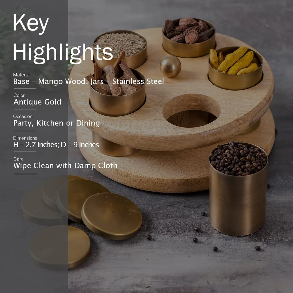 Gold Wood with Stainless Steel Jars Masala/ Spice Box
