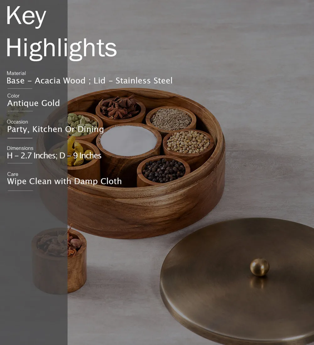 Gold Wood with Stainless Steel Jars Masala/ Spice Box