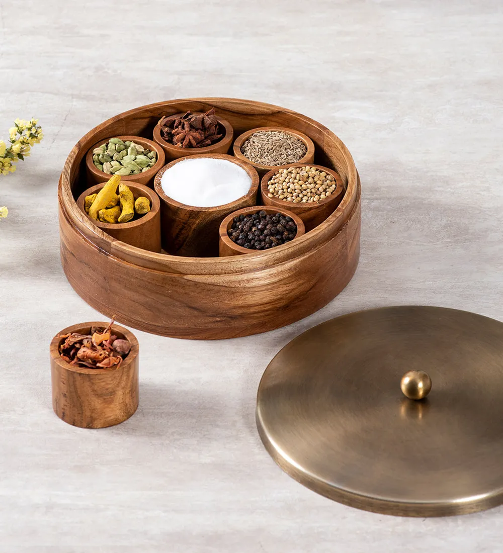 Gold Wood with Stainless Steel Jars Masala/ Spice Box