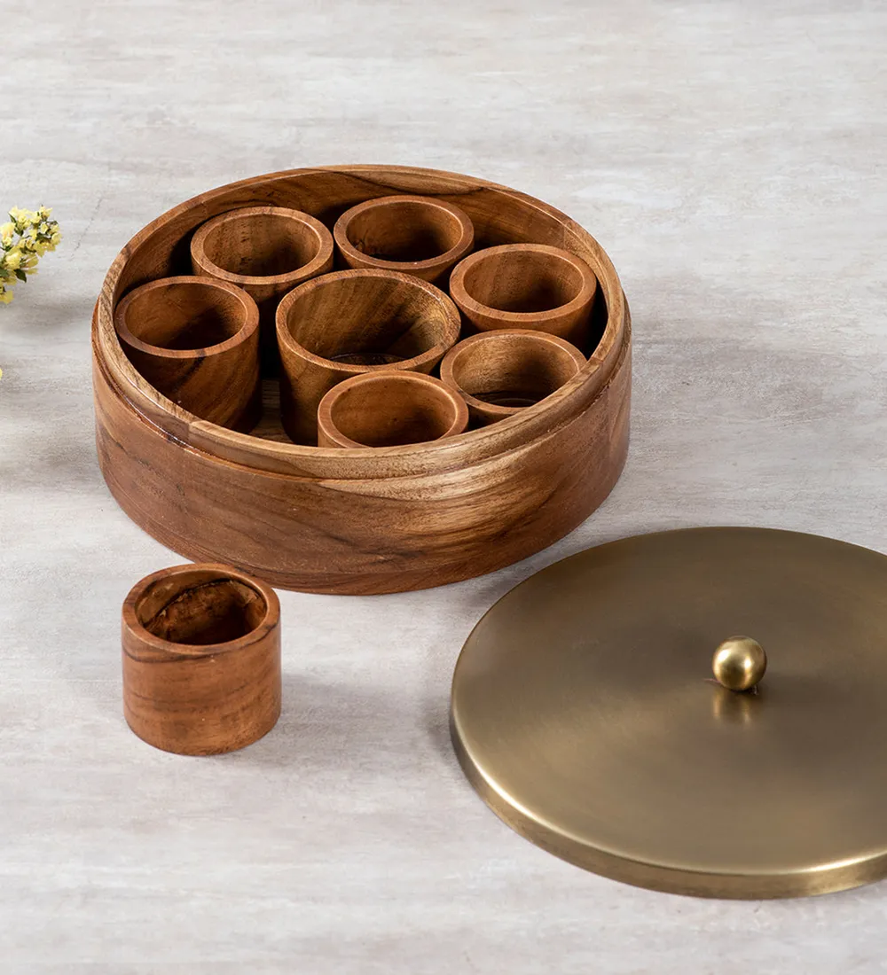 Gold Wood with Stainless Steel Jars Masala/ Spice Box