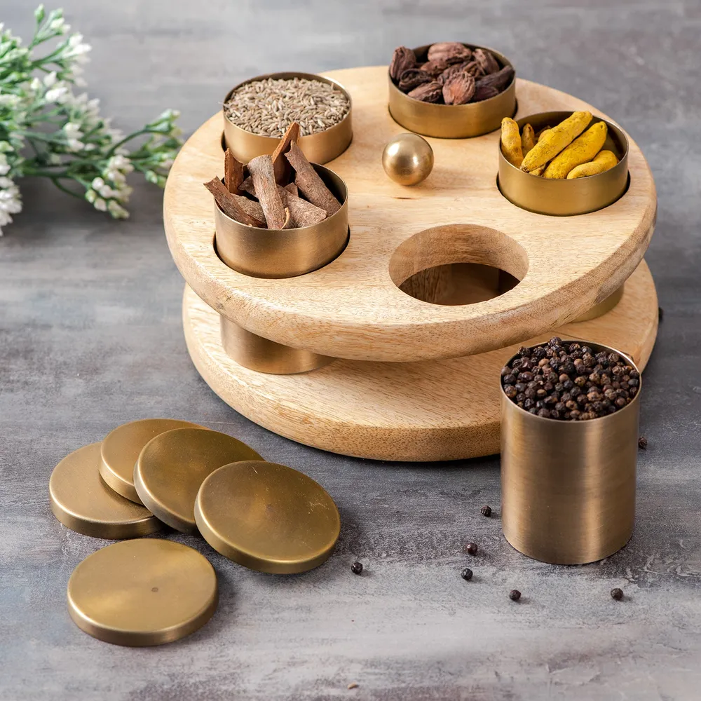 Gold Wood with Stainless Steel Jars Masala/ Spice Box