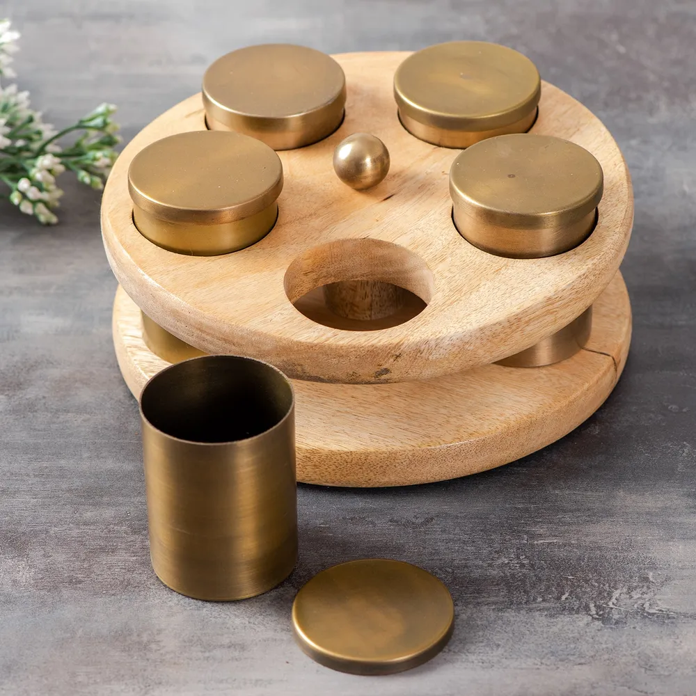 Gold Wood with Stainless Steel Jars Masala/ Spice Box