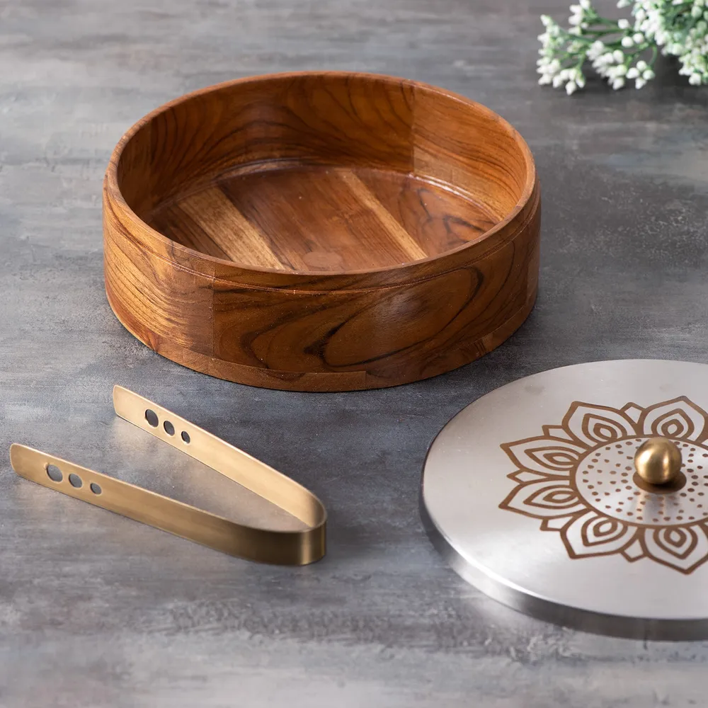 Gold Wooden Laser Etched Enamel Casserole/Chapatti Box With Tong