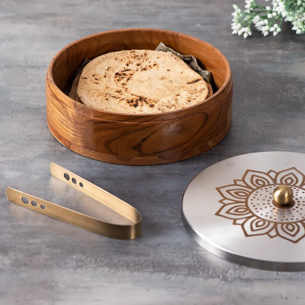 Gold Wooden Laser Etched Enamel Casserole/Chapatti Box With Tong