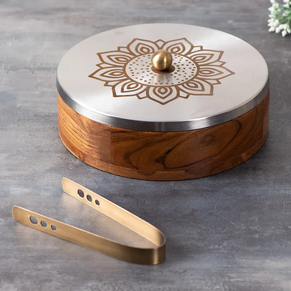 Gold Wooden Laser Etched Enamel Casserole/Chapatti Box With Tong