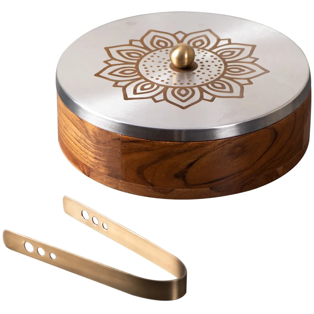 Gold Wooden Laser Etched Enamel Casserole/Chapatti Box With Tong