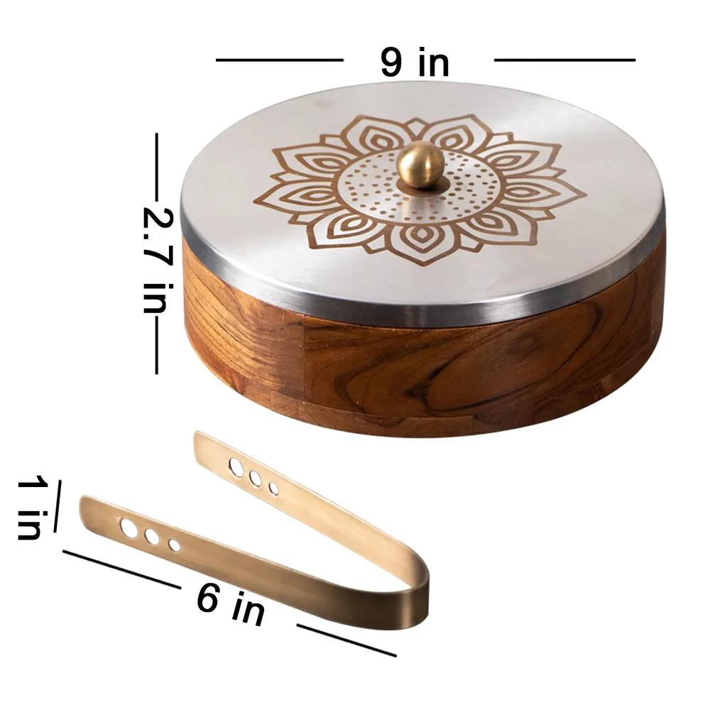 Gold Wooden Laser Etched Enamel Casserole/Chapatti Box With Tong