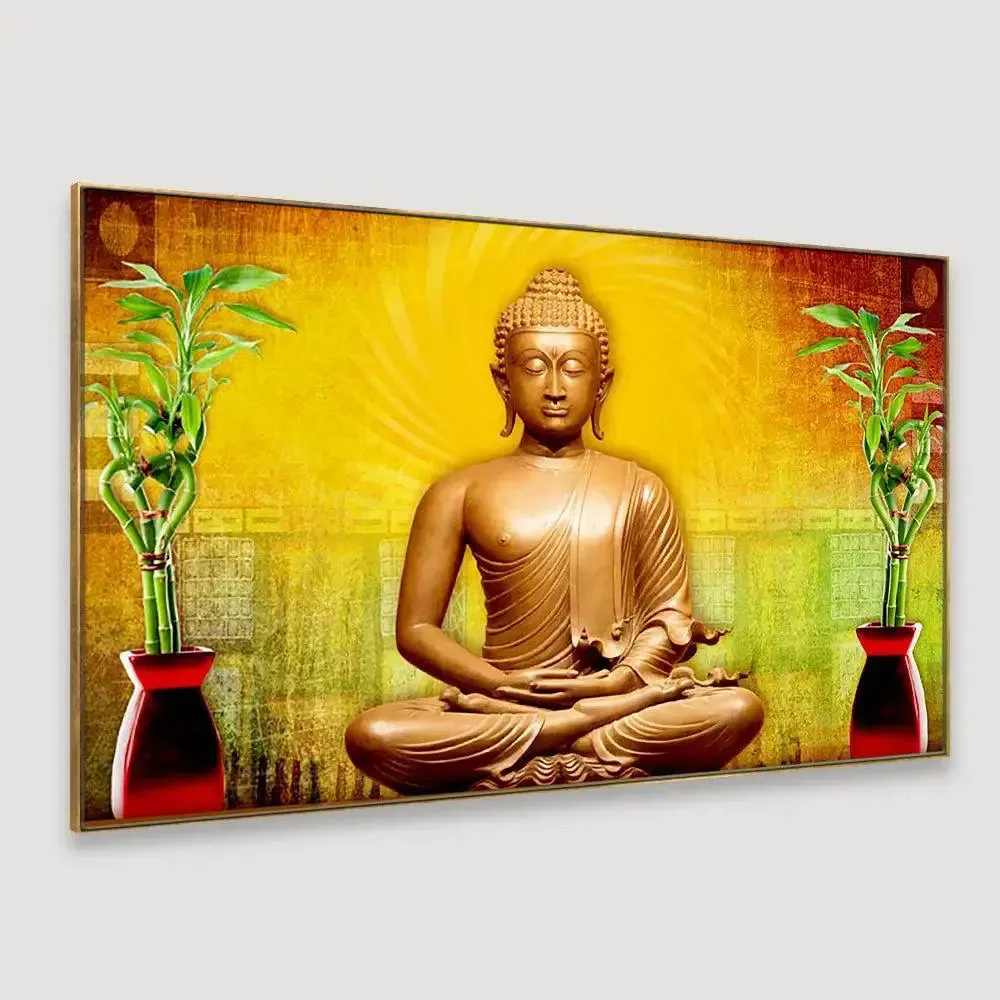 Golden Aura Buddha Canvas Painting With Frame