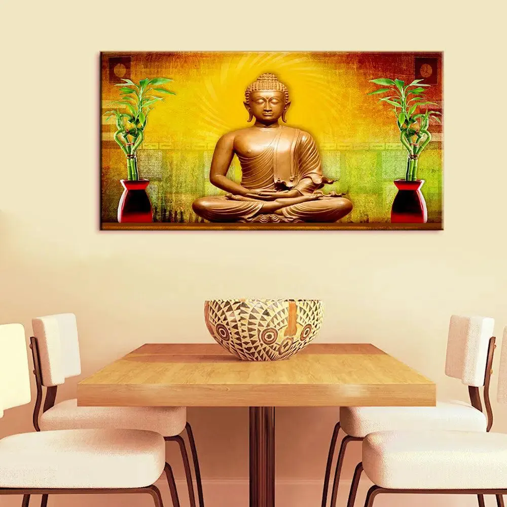 Golden Aura Buddha Canvas Painting With Frame
