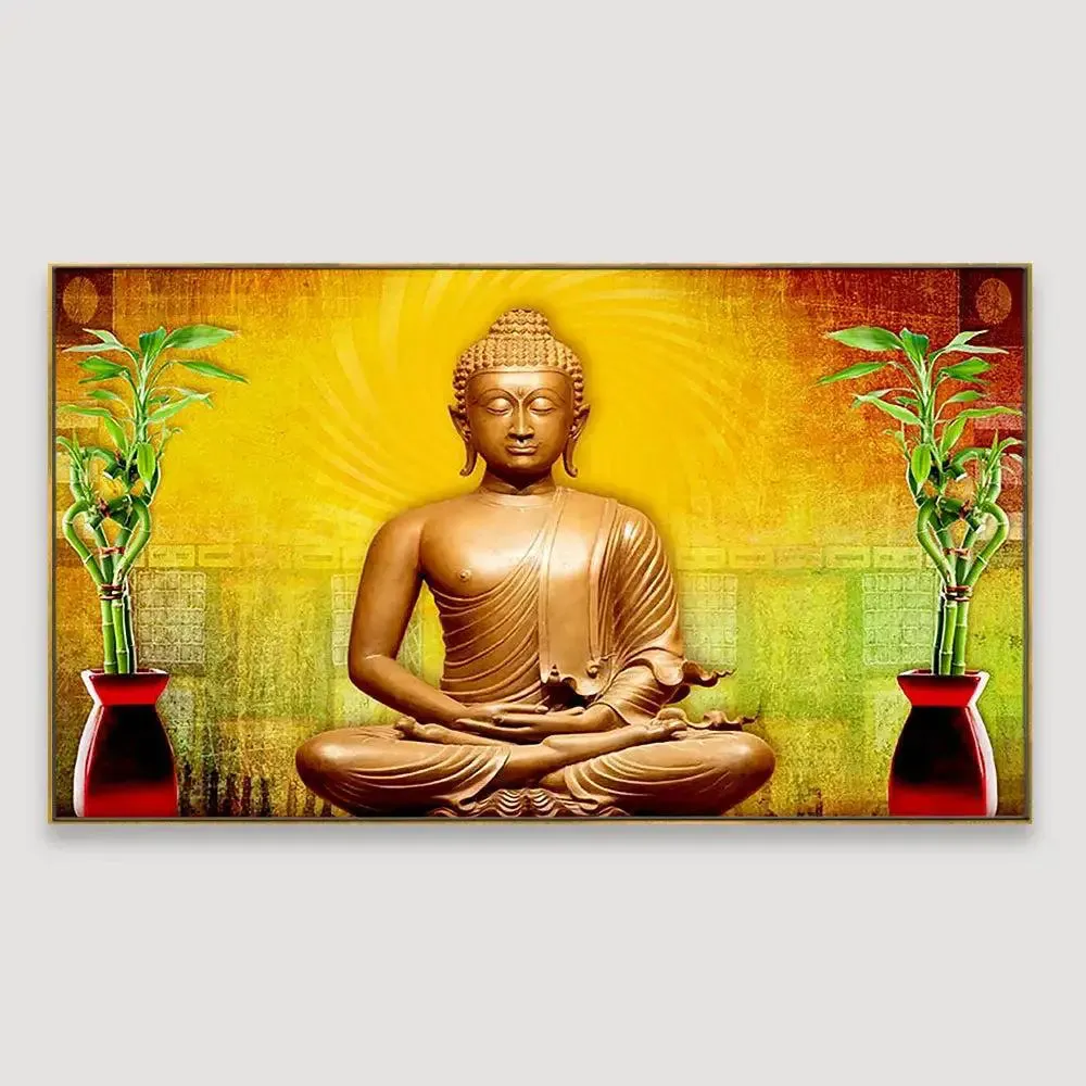 Golden Aura Buddha Canvas Painting With Frame