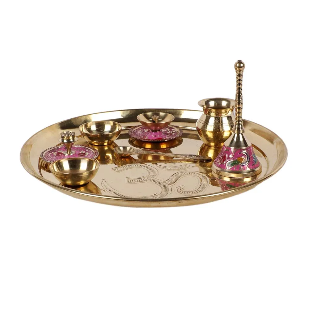Golden Brass Auspicious Pooja Thali Set of 8