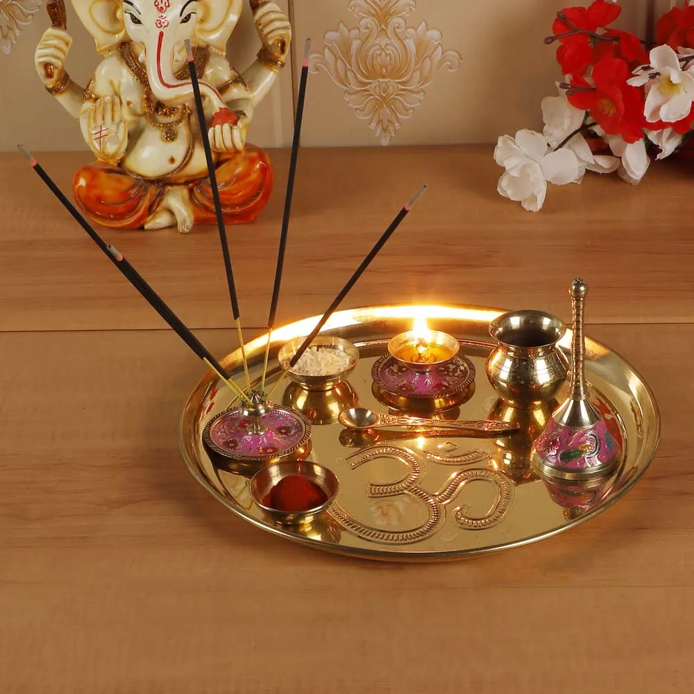 Golden Brass Auspicious Pooja Thali Set of 8