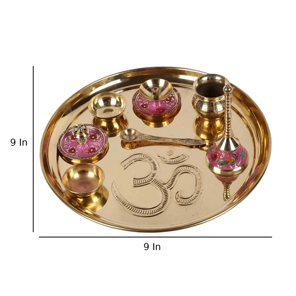 Golden Brass Auspicious Pooja Thali Set of 8