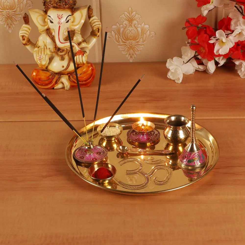 Golden Brass Auspicious Pooja Thali Set of 8