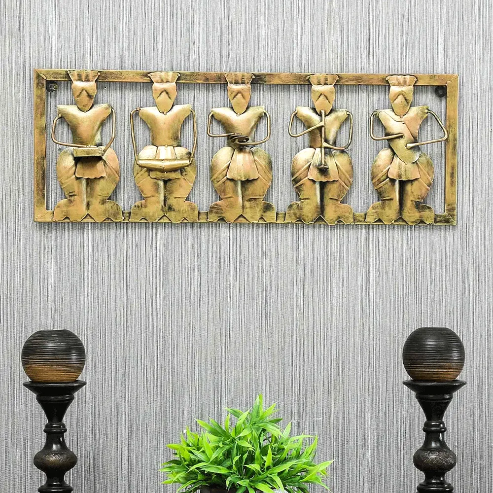 Golden Brushed 5 Tribal Musicians Metal Wall Art