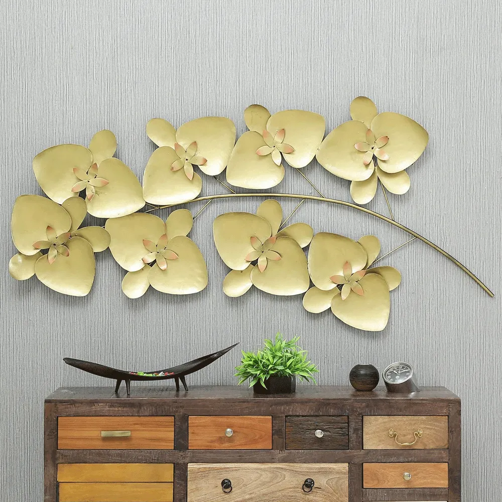 Golden Brushed Abstract Leaf Streak Metal Wall Art