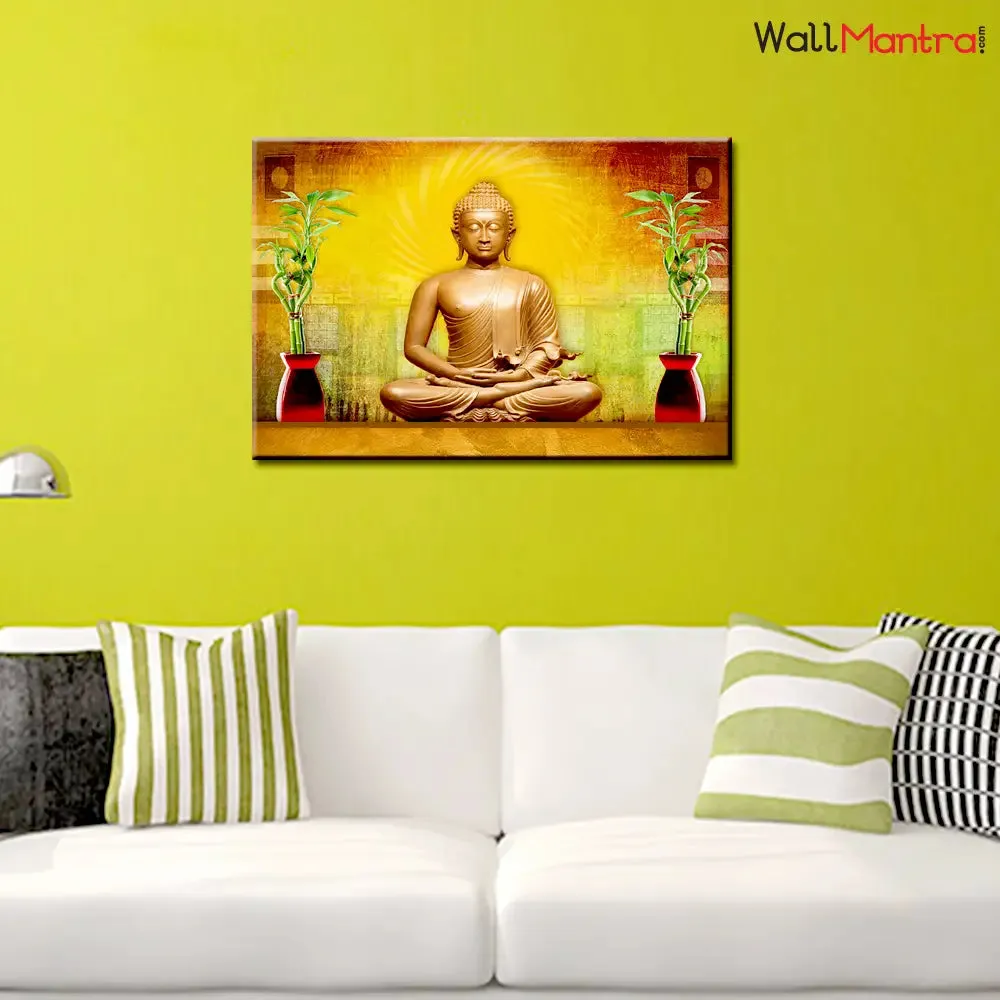 Golden Buddha Canvas Wall Painting/Stretched and Framed on Wood / 91cm W x 61cm H