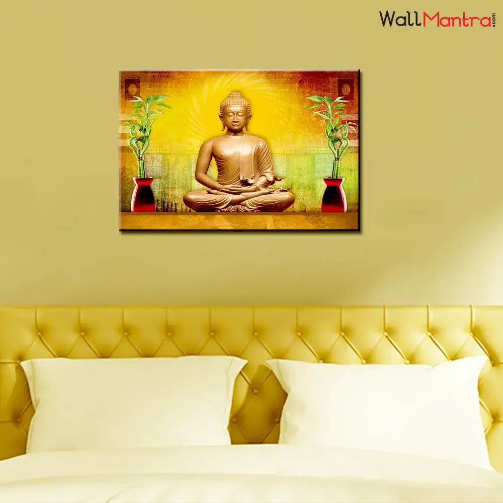 Golden Buddha Canvas Wall Painting/Stretched and Framed on Wood / 91cm W x 61cm H