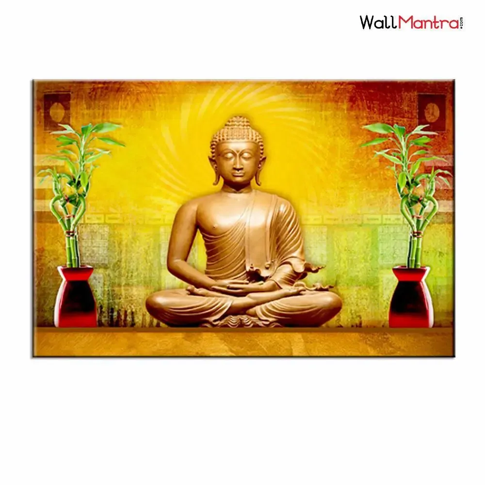 Golden Buddha Canvas Wall Painting/Stretched and Framed on Wood / 91cm W x 61cm H