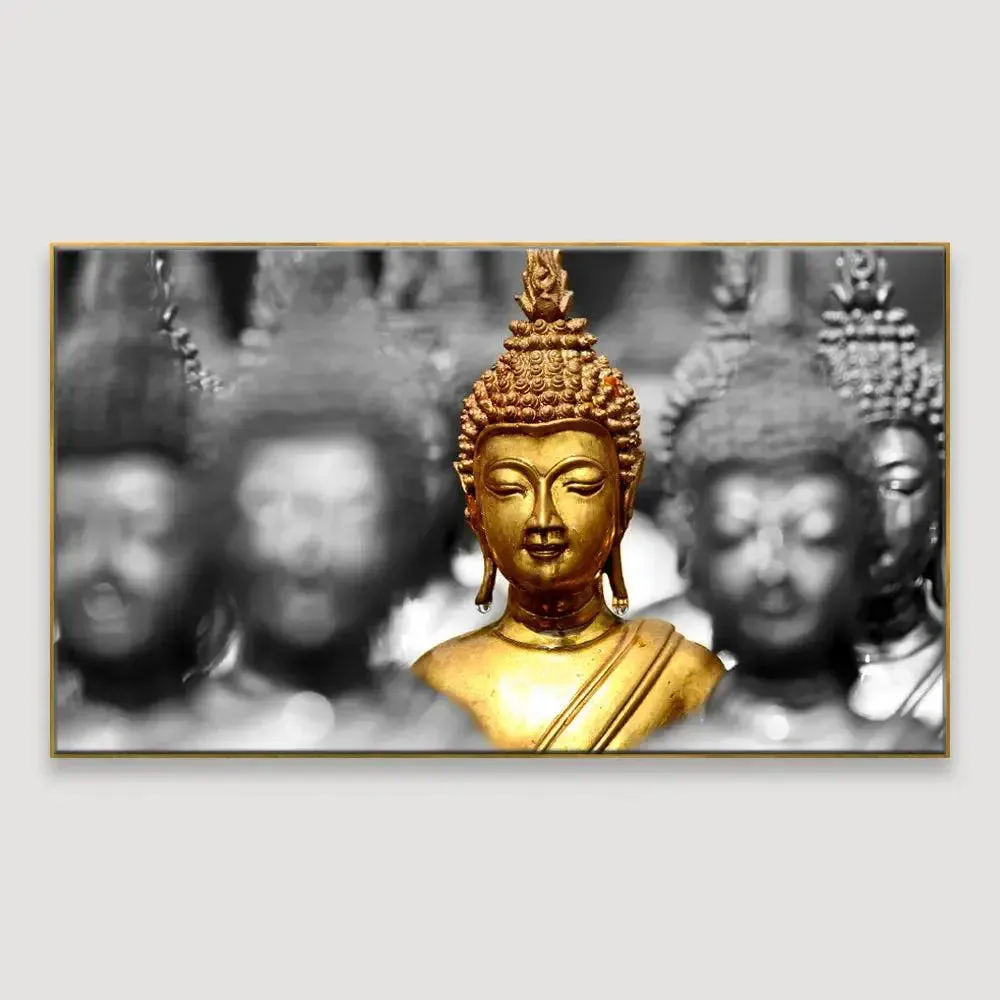 Golden Buddha Statues Spiritual Canvas Painting With Frame