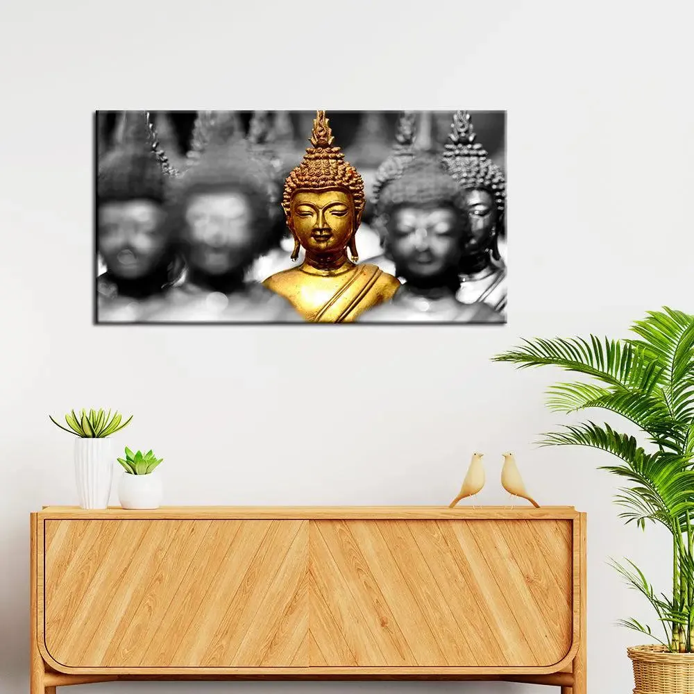 Golden Buddha Statues Spiritual Canvas Painting With Frame