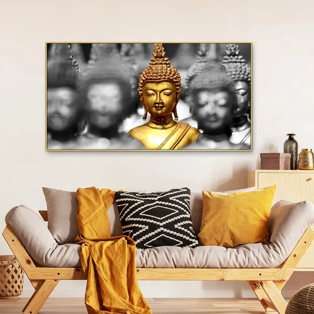 Golden Buddha Statues Spiritual Canvas Painting With Frame