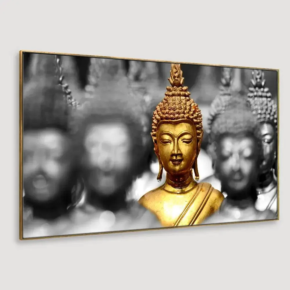 Golden Buddha Statues Spiritual Canvas Painting With Frame