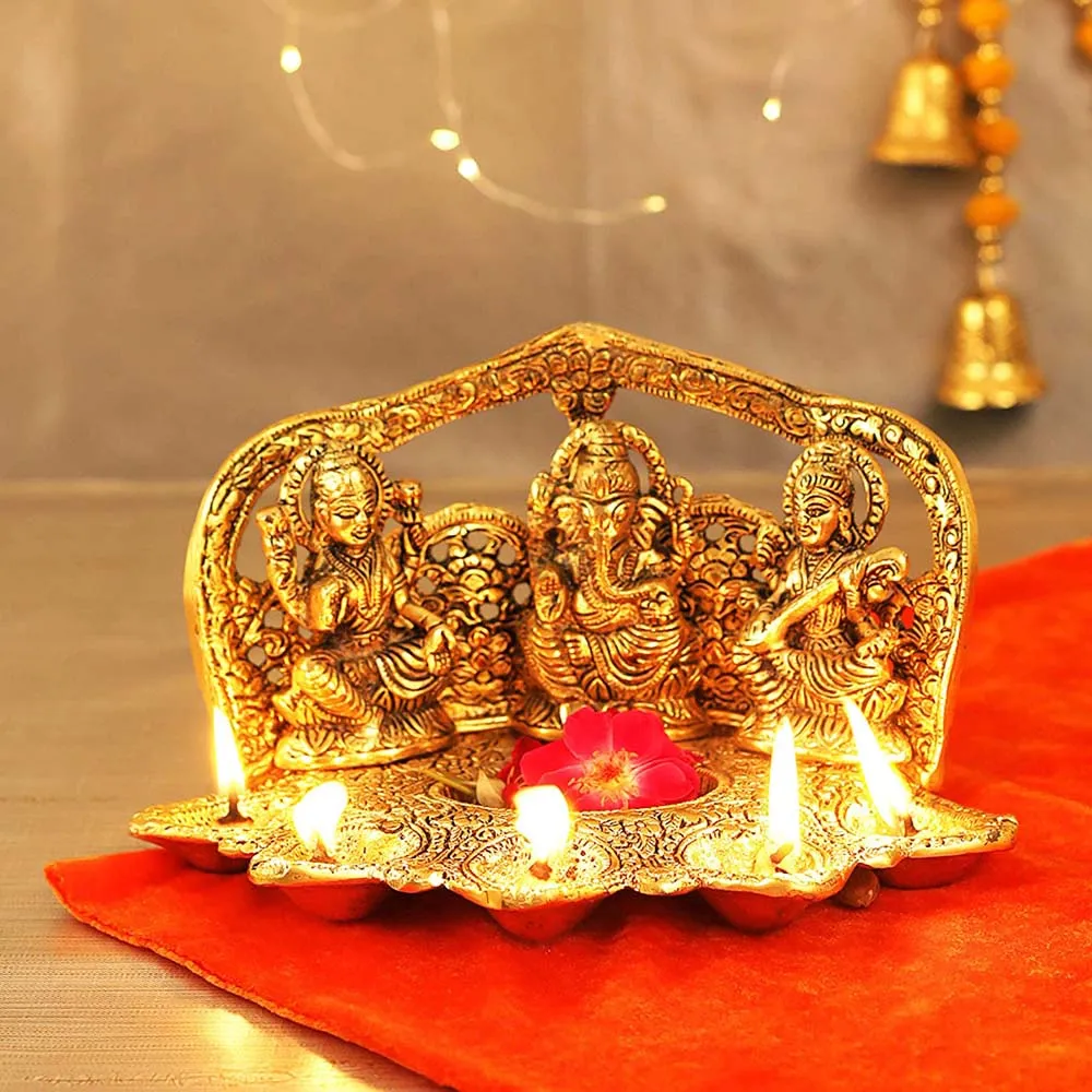 Golden Crafted Trio Of Laxmi Ganesh & Sarawasti Decorative Showpiece