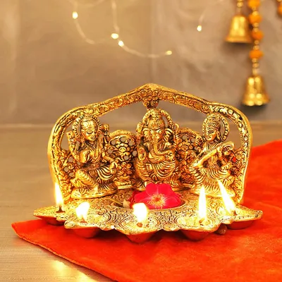 Golden Crafted Trio Of Laxmi Ganesh & Sarawasti Decorative Showpiece
