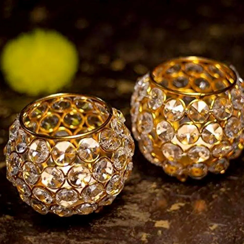 Golden Crystals Tea Light Candle Holder Set Of 2