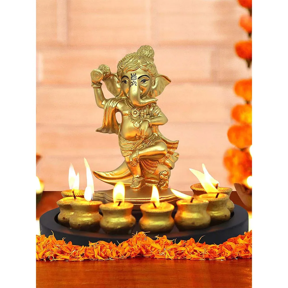 Golden Dancing Ganesh Idol With Tray & Tea Light Candles