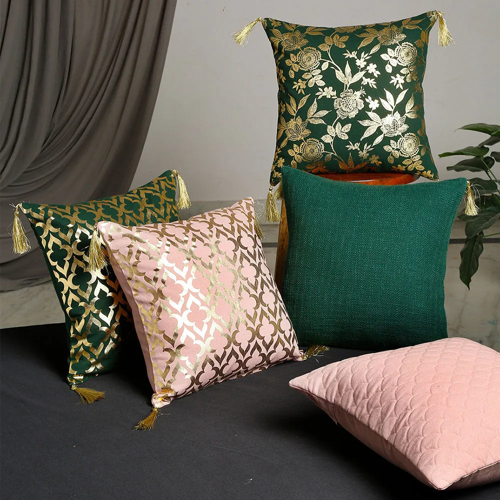 Golden Decorative Foil Print Bottle Green and Pink 100% Cotton Cushion Covers Set Of 5
