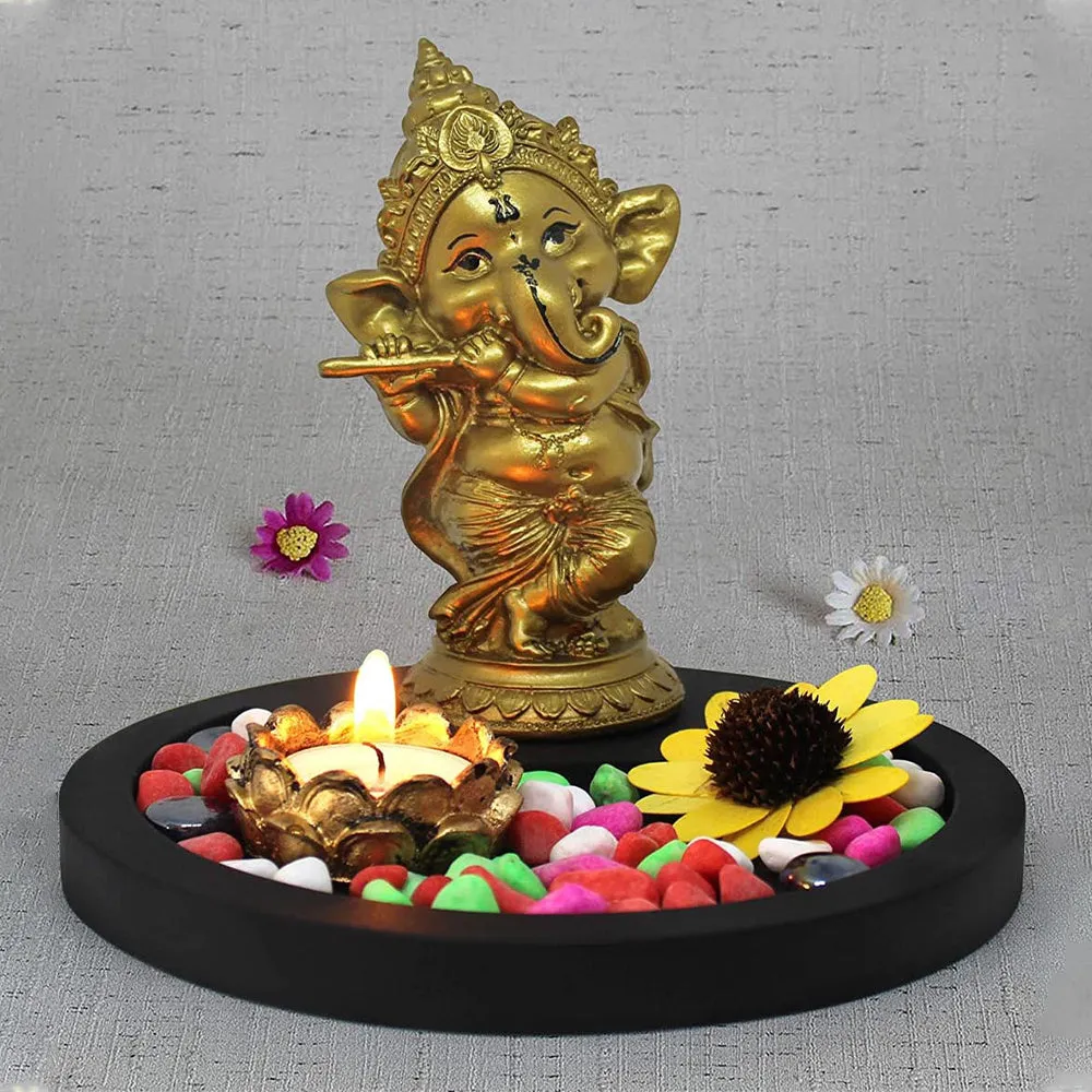 Golden Decorative Ganesh Idol With Black Stone Tray & Tealight Candle