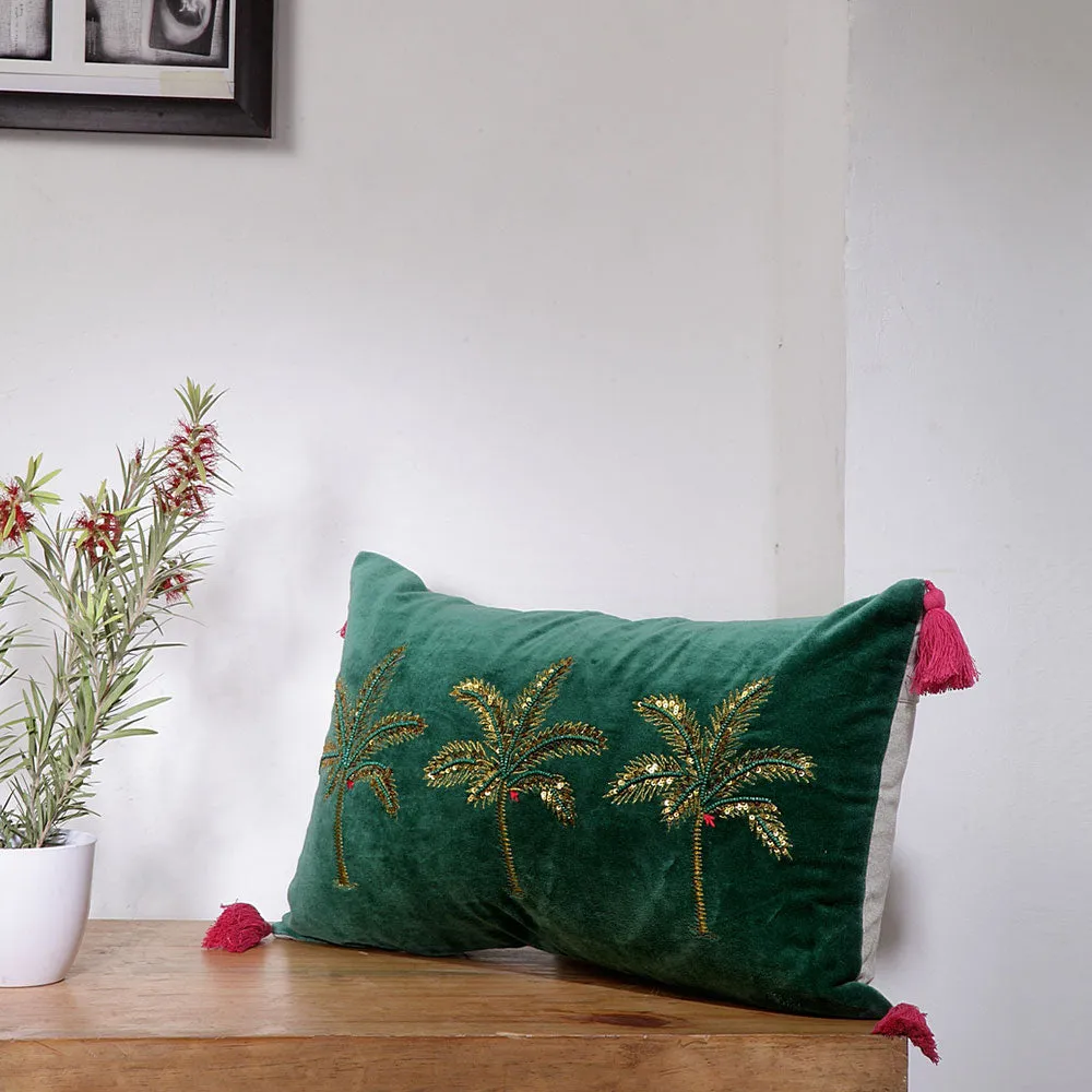 Golden Embroidered & Sequin Green Rectangle 100% Cotton Cushion Cover with pompoms Pack of 1