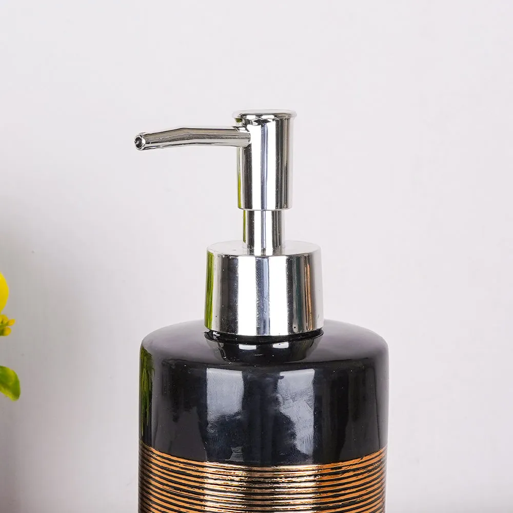 Golden Engraved Lines Ceramic Bathroom Set of 4 (Soap Dispenser, Soap Dish, Toothbrush Holder & Tumbler)