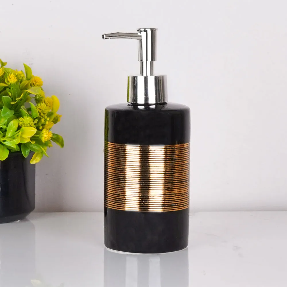 Golden Engraved Lines Ceramic Bathroom Set of 4 (Soap Dispenser, Soap Dish, Toothbrush Holder & Tumbler)