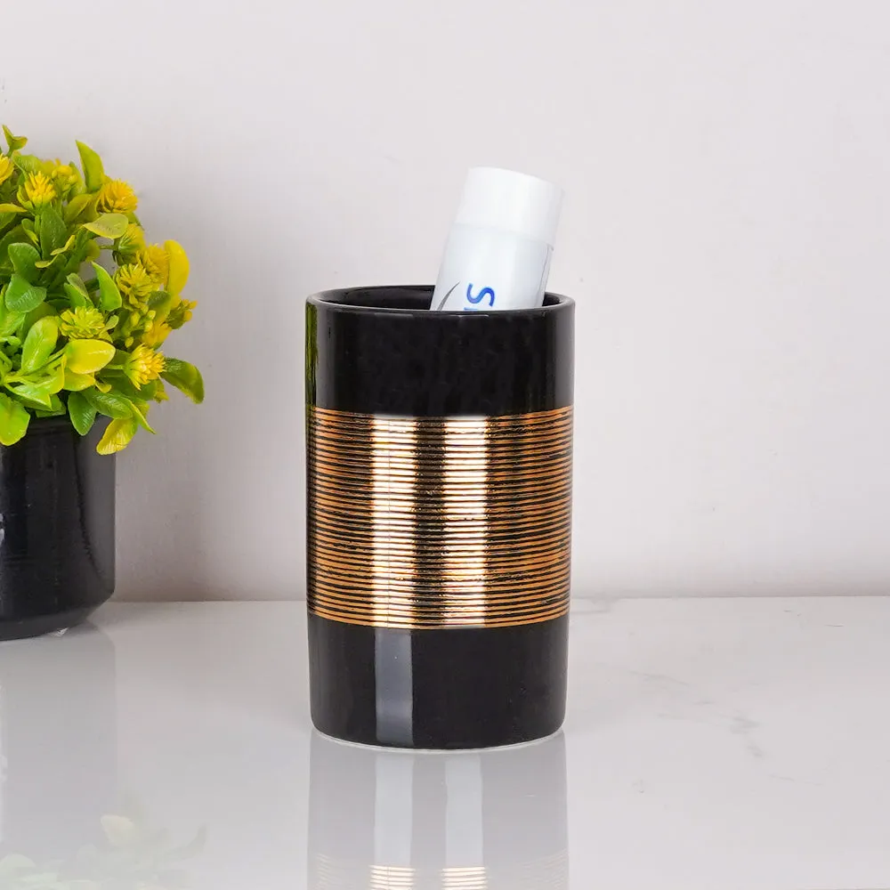 Golden Engraved Lines Ceramic Bathroom Set of 4 (Soap Dispenser, Soap Dish, Toothbrush Holder & Tumbler)