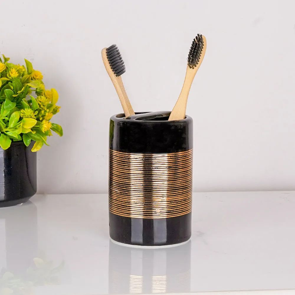 Golden Engraved Lines Ceramic Bathroom Set of 4 (Soap Dispenser, Soap Dish, Toothbrush Holder & Tumbler)