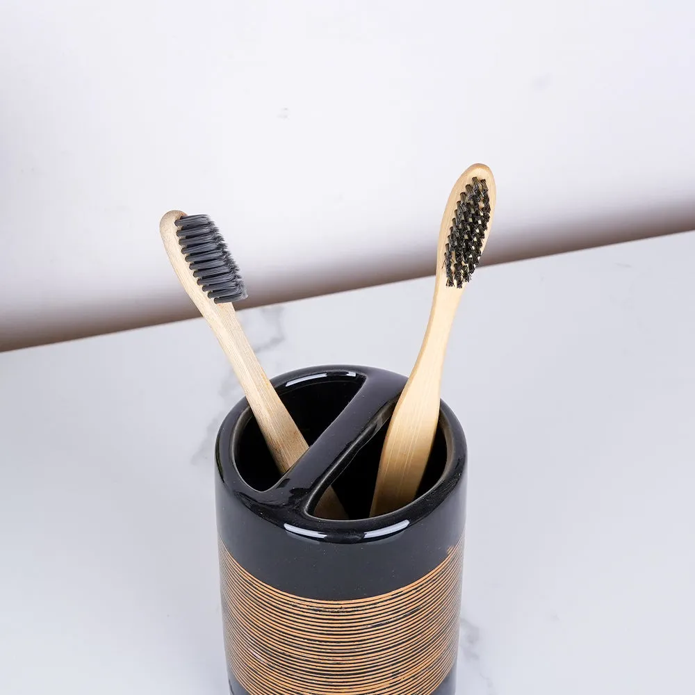 Golden Engraved Lines Ceramic Bathroom Set of 4 (Soap Dispenser, Soap Dish, Toothbrush Holder & Tumbler)