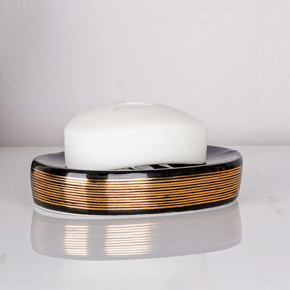 Golden Engraved Lines Ceramic Bathroom Set of 4 (Soap Dispenser, Soap Dish, Toothbrush Holder & Tumbler)