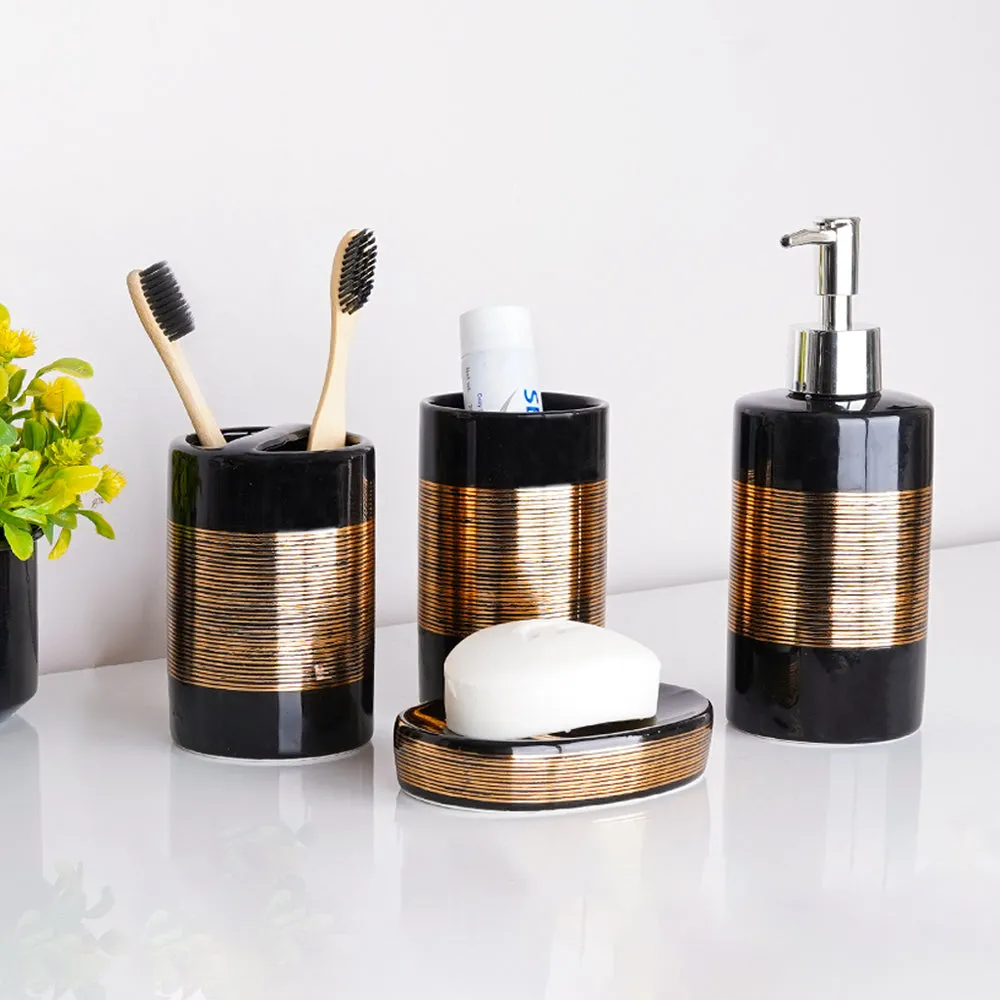 Golden Engraved Lines Ceramic Bathroom Set of 4 (Soap Dispenser, Soap Dish, Toothbrush Holder & Tumbler)