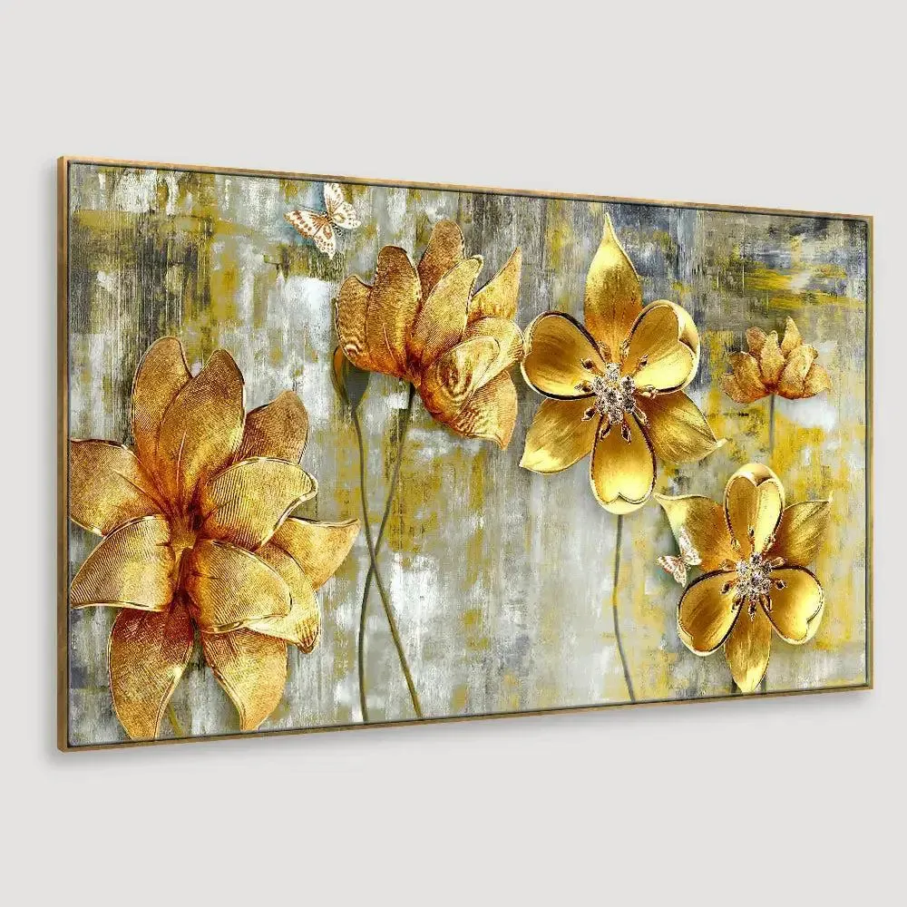 Golden Flowers Big Panoramic Canvas Wall Painting With Frame