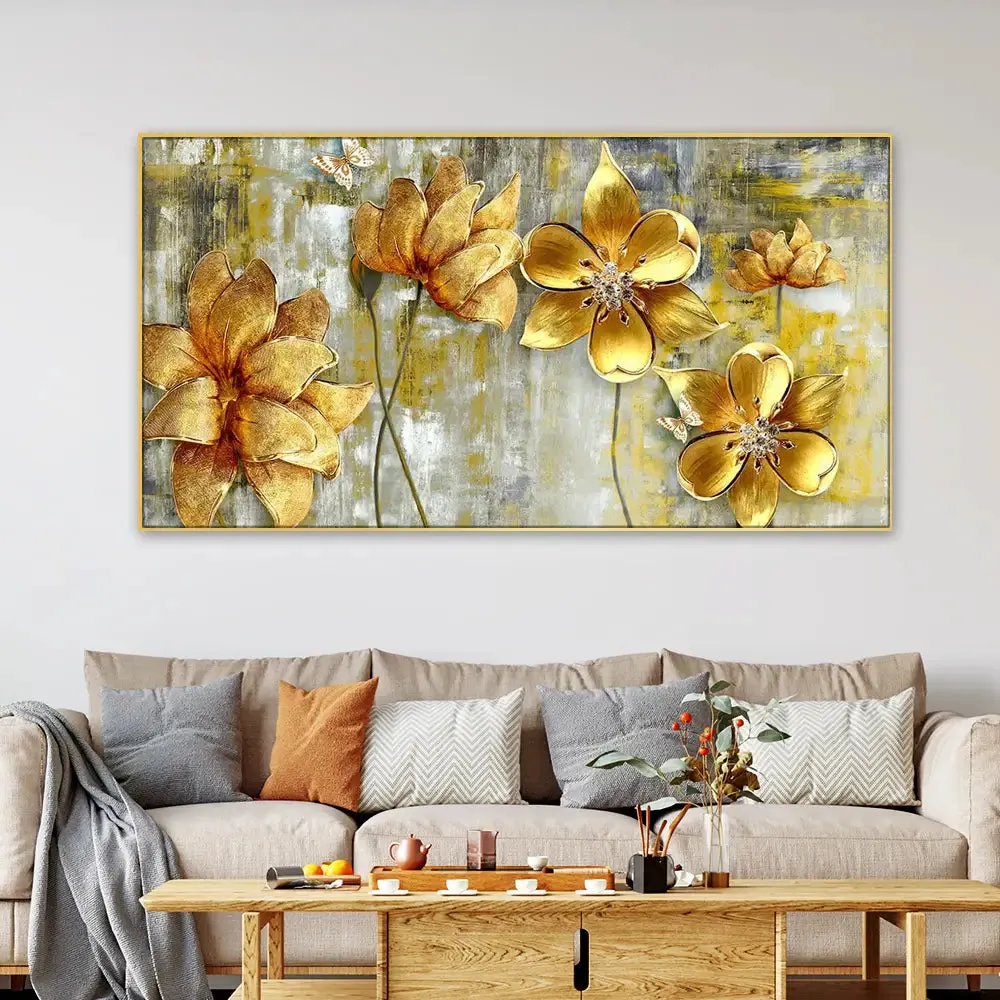 Golden Flowers Big Panoramic Canvas Wall Painting With Frame