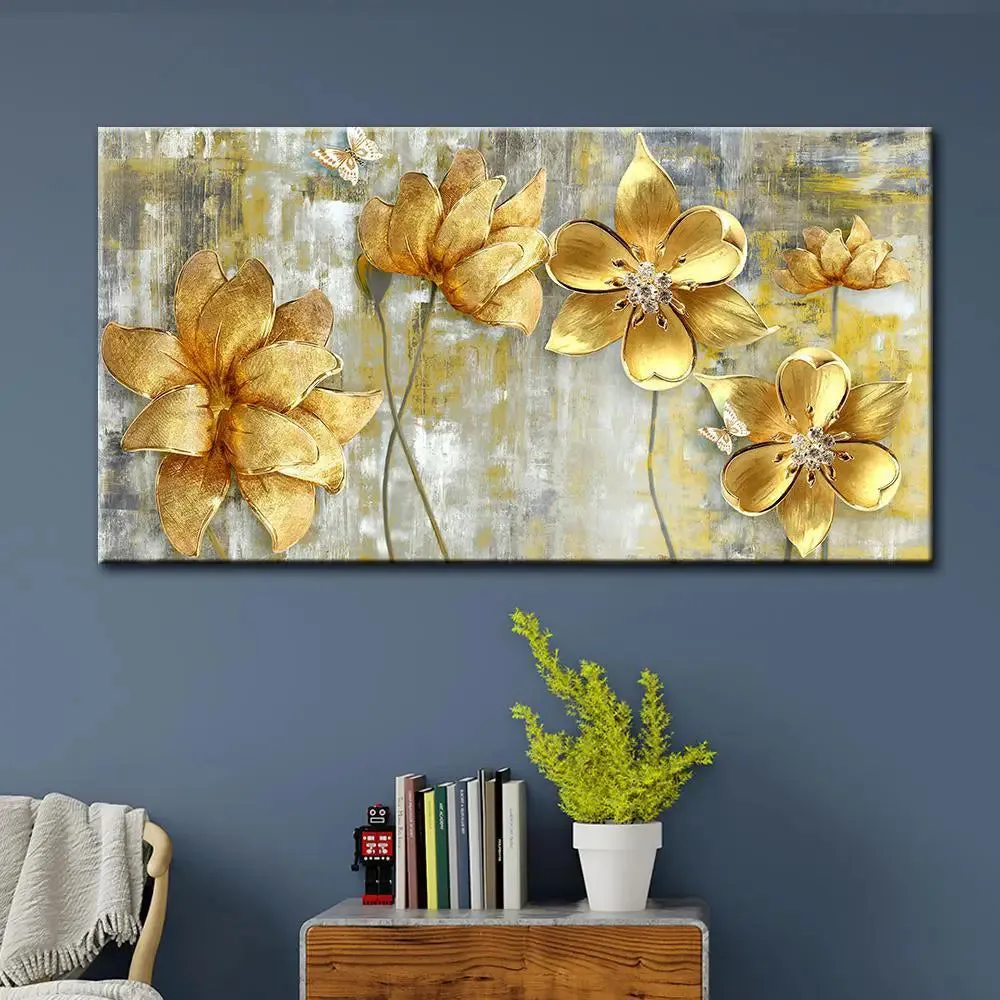 Golden Flowers Big Panoramic Canvas Wall Painting With Frame