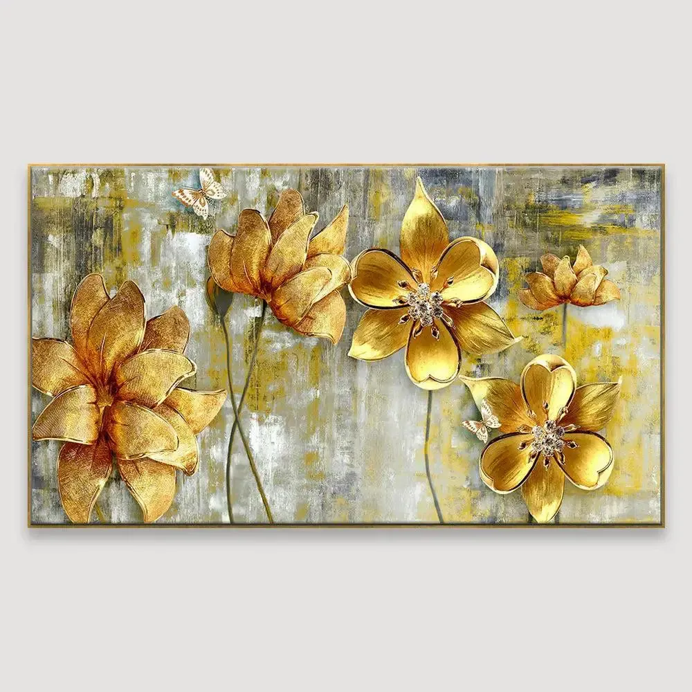Golden Flowers Big Panoramic Canvas Wall Painting With Frame