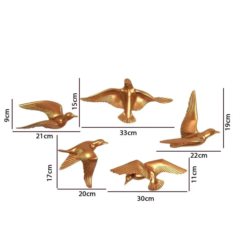 Golden Freespirited Flying Birds Wall Decor- Set of 5