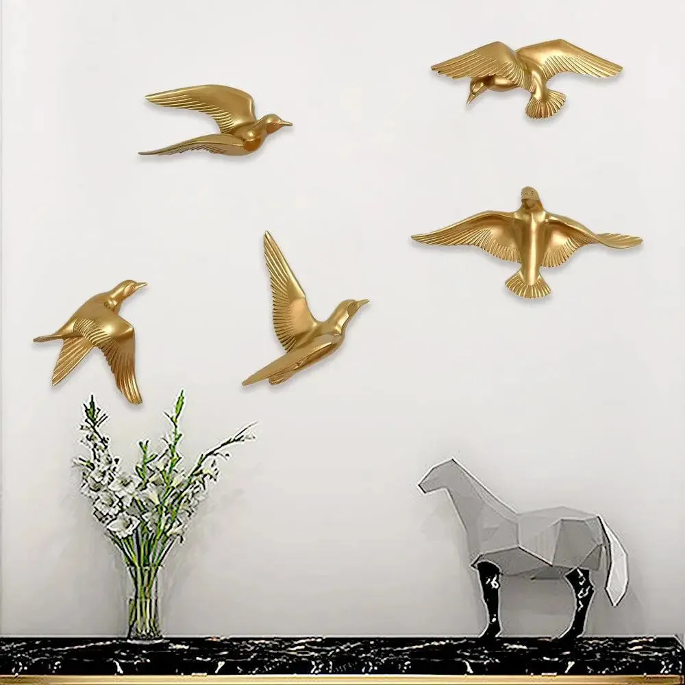 Golden Freespirited Flying Birds Wall Decor- Set of 5