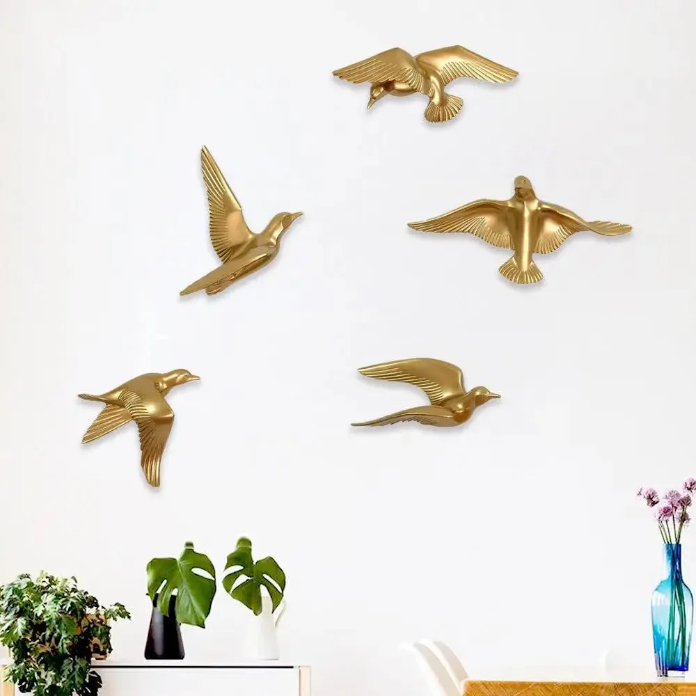 Golden Freespirited Flying Birds Wall Decor- Set of 5
