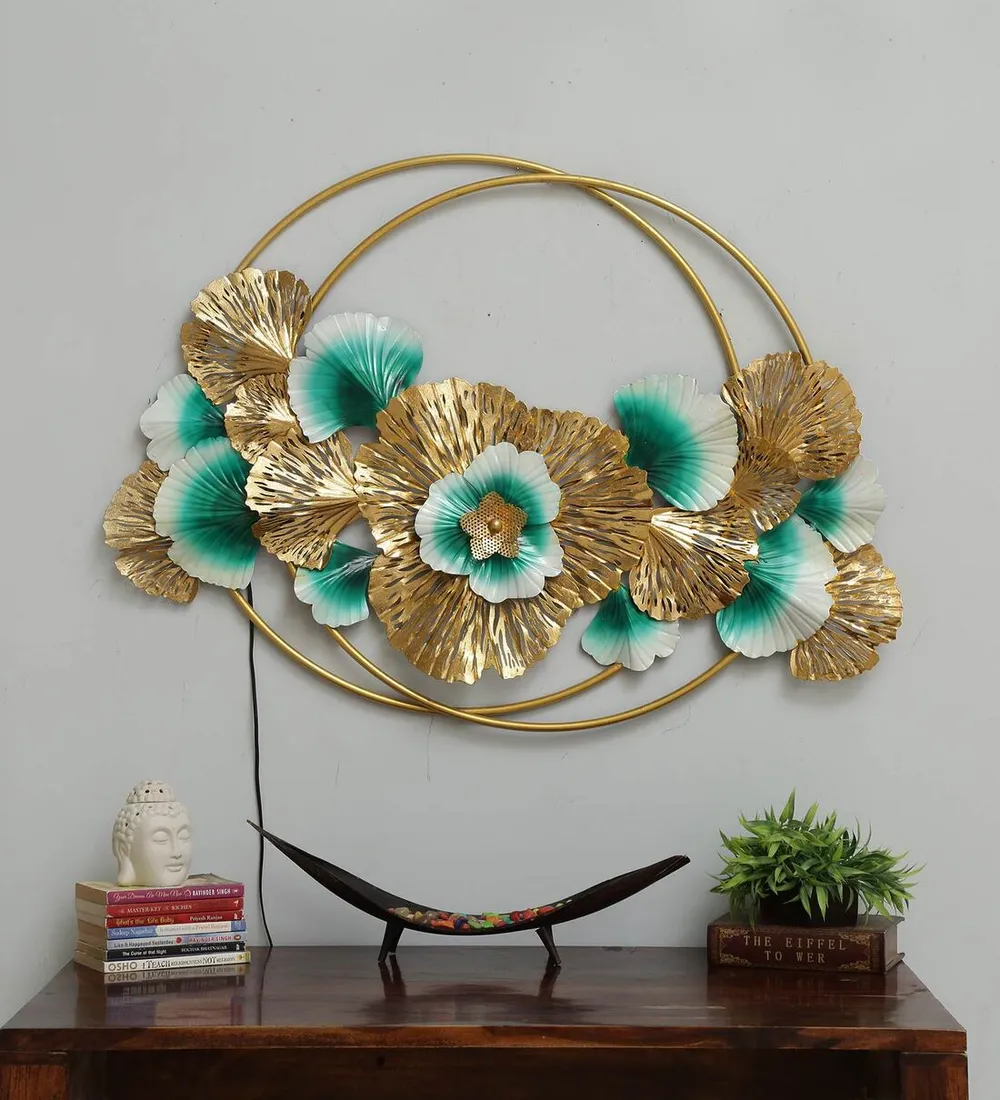 Golden & Green Floral Circles Metal Wall Art
