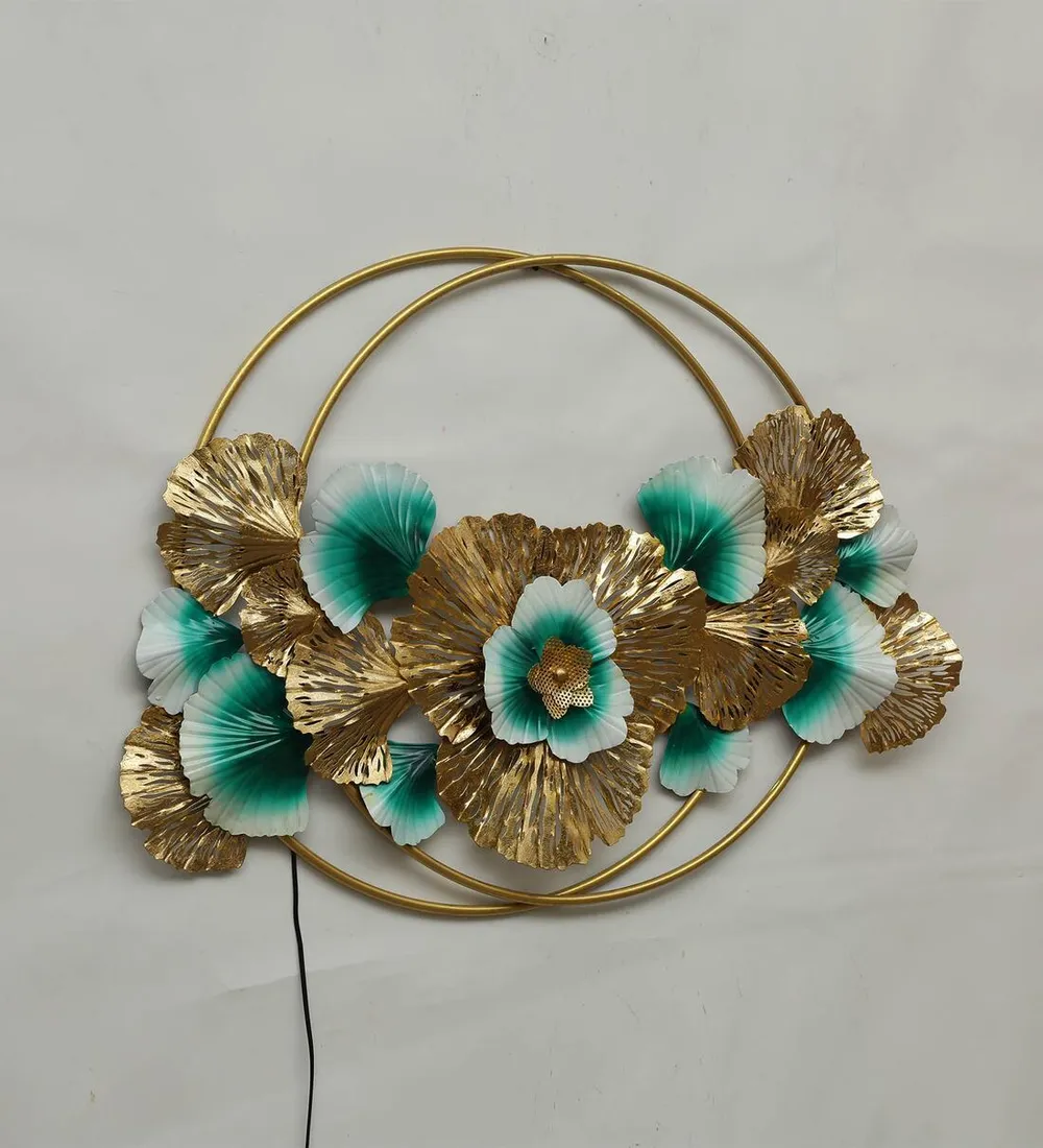Golden & Green Floral Circles Metal Wall Art